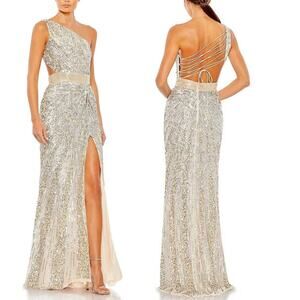 NWT Mac Duggal One Shoulder Lace Up Back Sequin Gown Nude Silver Formal Size 4